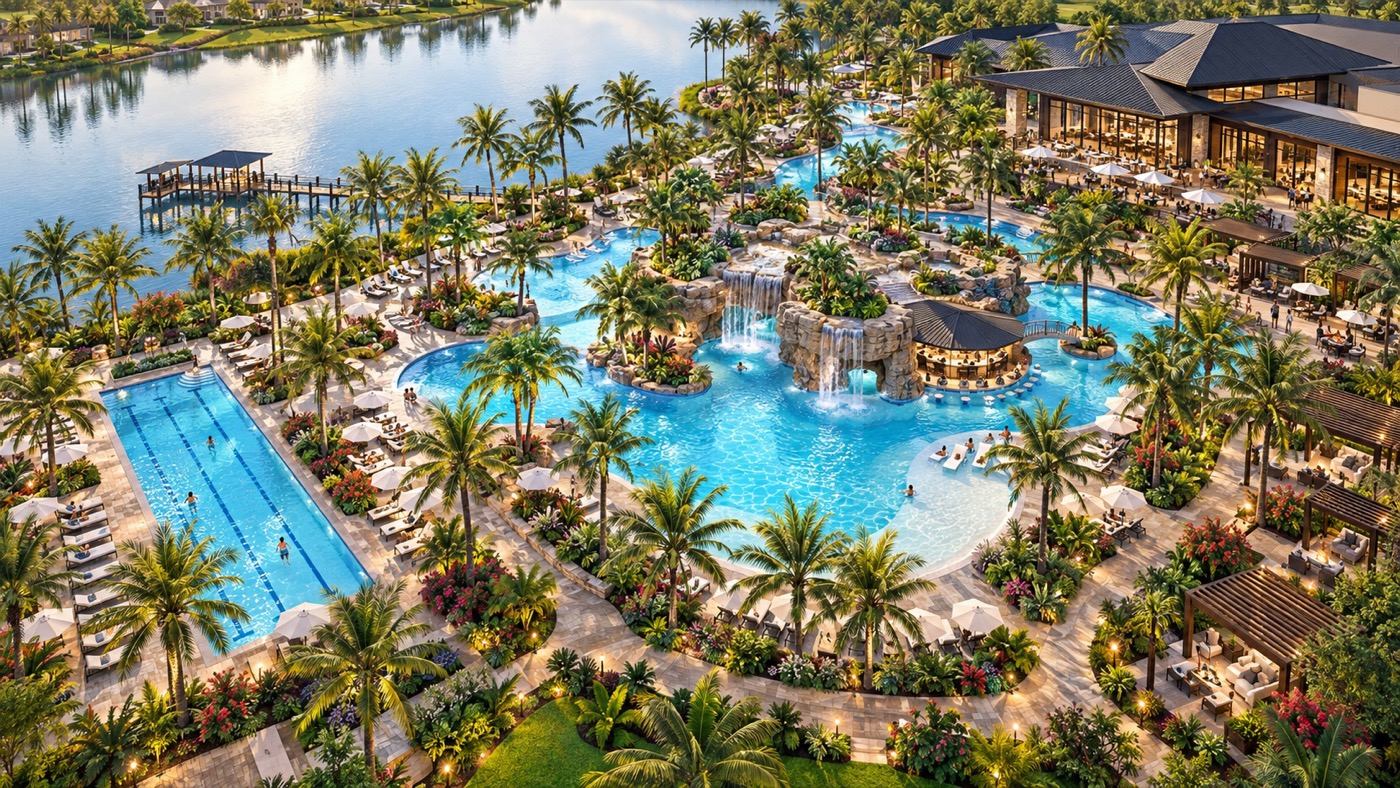 Rendering of the Kingston South resort pool with waterfall cove and lap pool